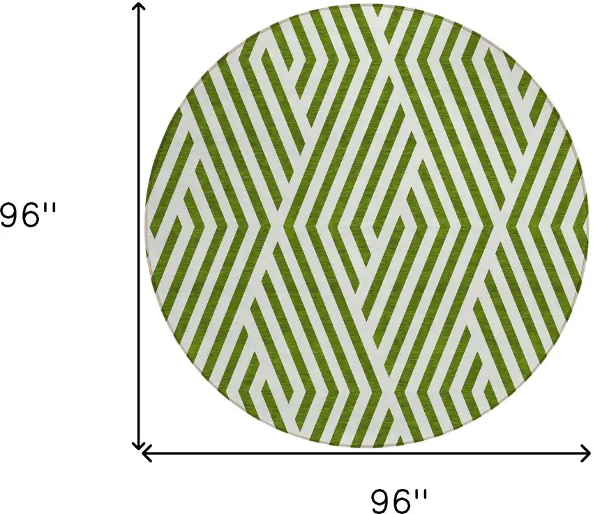 Lime Green and White Round Geometric Washable Non Skid Indoor Outdoor Area Rug Photo 3