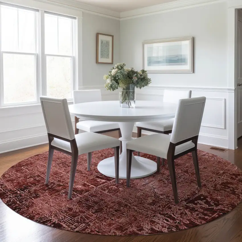 Merlot Round Abstract Washable Non Skid Indoor Outdoor Area Rug Photo 9