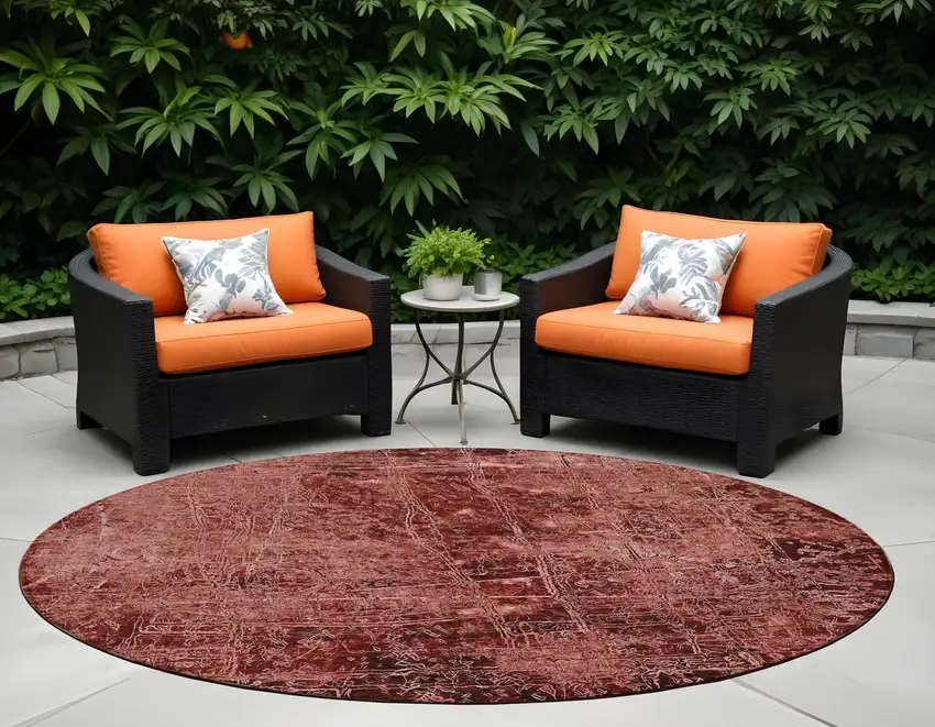 8' Round Merlot Round Abstract Washable Non Skid Indoor Outdoor Area Rug Photo 1
