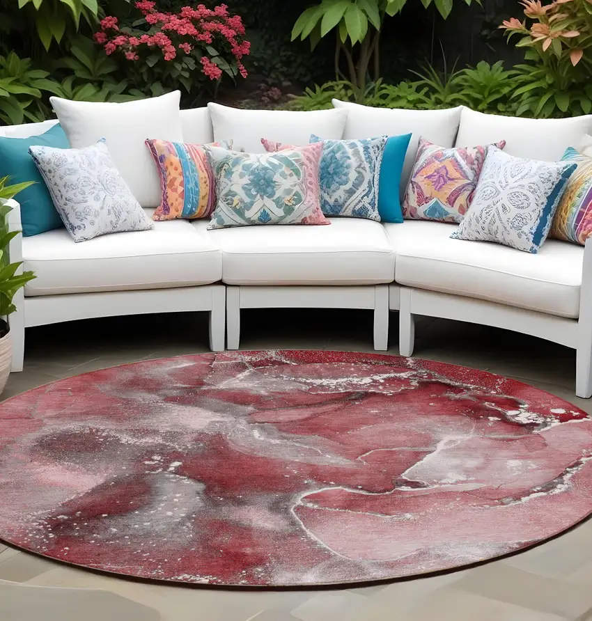 8' Round Merlot Round Abstract Washable Non Skid Indoor Outdoor Area Rug Photo 1