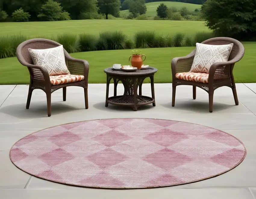 Merlot Round Geometric Washable Non Skid Indoor Outdoor Area Rug Photo 1