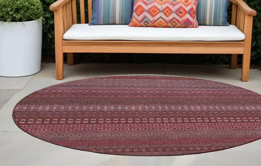 Merlot Round Striped Washable Non Skid Indoor Outdoor Area Rug Photo 1