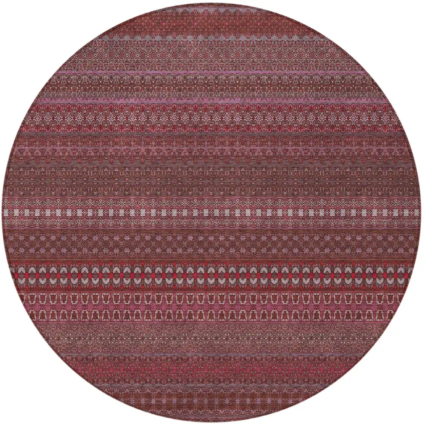 8' Round Merlot Round Striped Washable Non Skid Indoor Outdoor Area Rug Photo 5