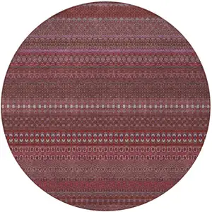 Photo of 8' Round Merlot Round Striped Washable Non Skid Indoor Outdoor Area Rug