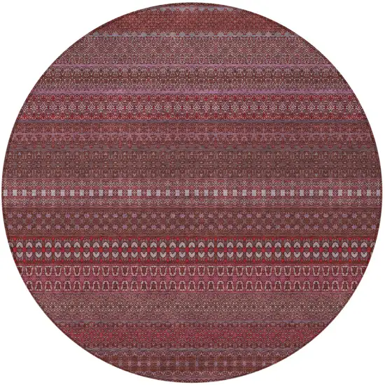 8' Round Merlot Round Striped Washable Non Skid Indoor Outdoor Area Rug Photo 4