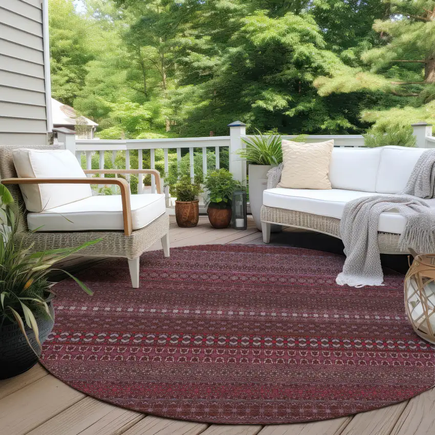 Merlot Round Striped Washable Non Skid Indoor Outdoor Area Rug Photo 8