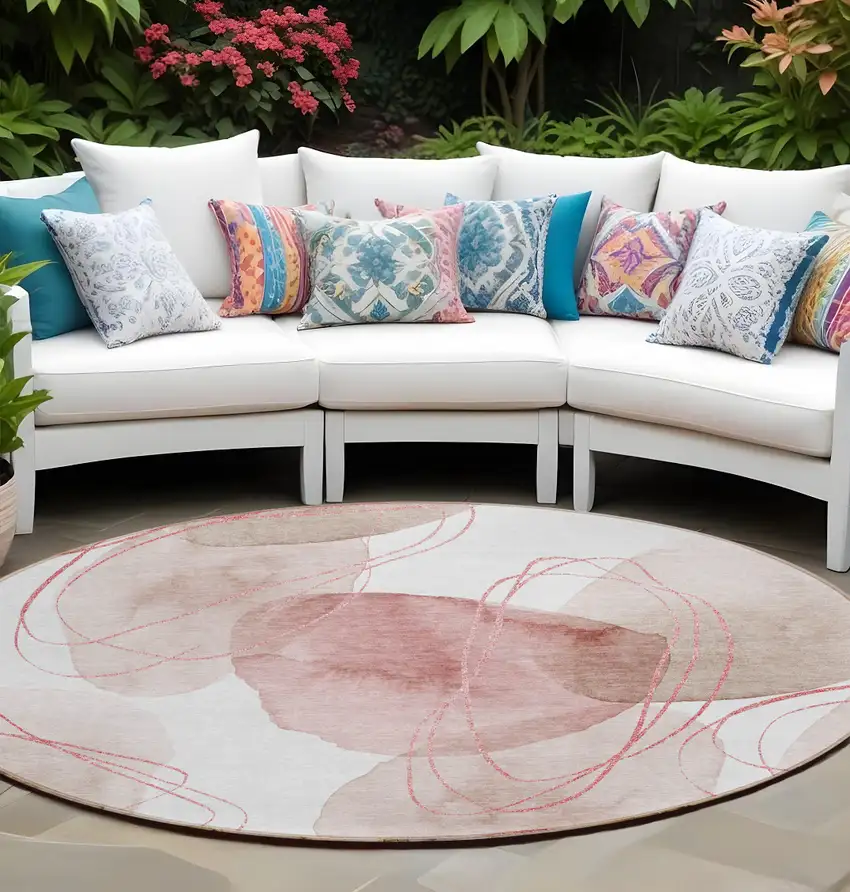 Merlot and Ivory Round Abstract Washable Non Skid Indoor Outdoor Area Rug Photo 1