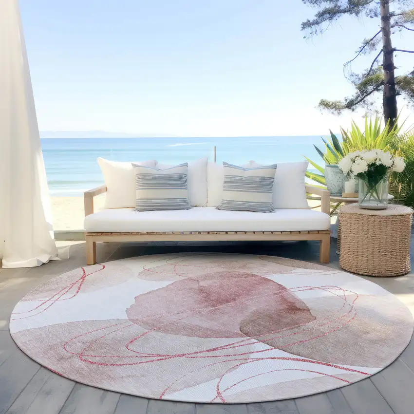 8' Round Merlot and Ivory Round Abstract Washable Non Skid Indoor Outdoor Area Rug Photo 7