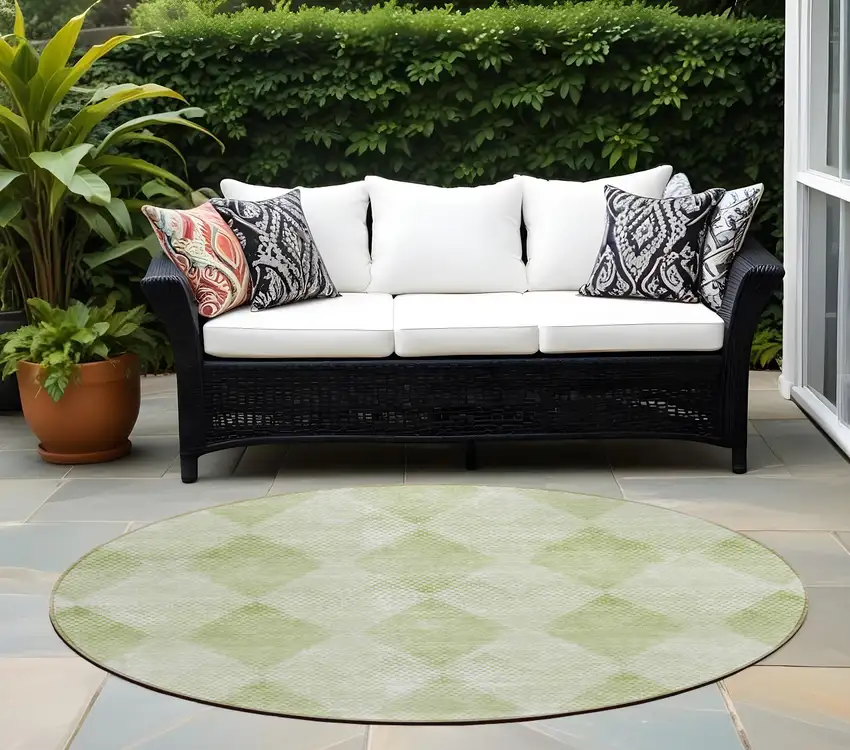 Mint Green Round Geometric Washable Non Skid Indoor Outdoor Area Rug Photo 1