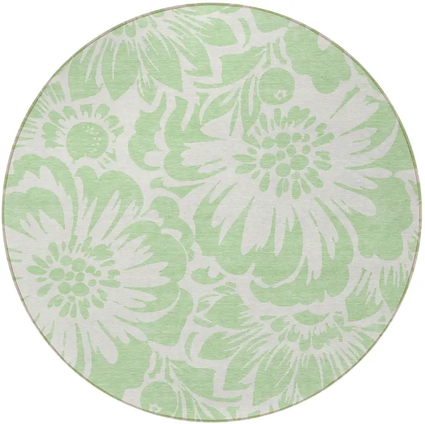 Mint Green and Ivory Round Floral Washable Non Skid Indoor Outdoor Area Rug Photo 5