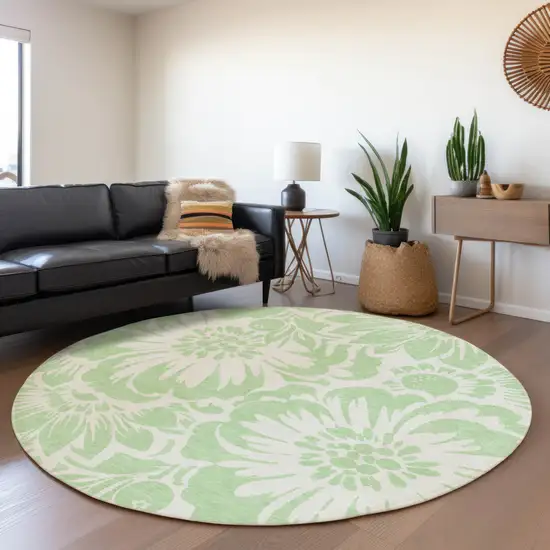 Mint Green and Ivory Round Floral Washable Non Skid Indoor Outdoor Area Rug Photo 9