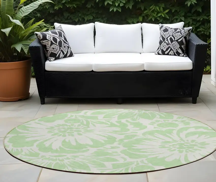 Mint Green and Ivory Round Floral Washable Non Skid Indoor Outdoor Area Rug Photo 1