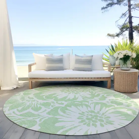 Mint Green and Ivory Round Floral Washable Non Skid Indoor Outdoor Area Rug Photo 8