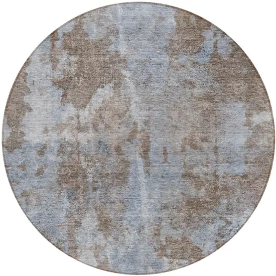 8' Round Mocha and Blue Round Abstract Washable Non Skid Indoor Outdoor Area Rug Photo 2