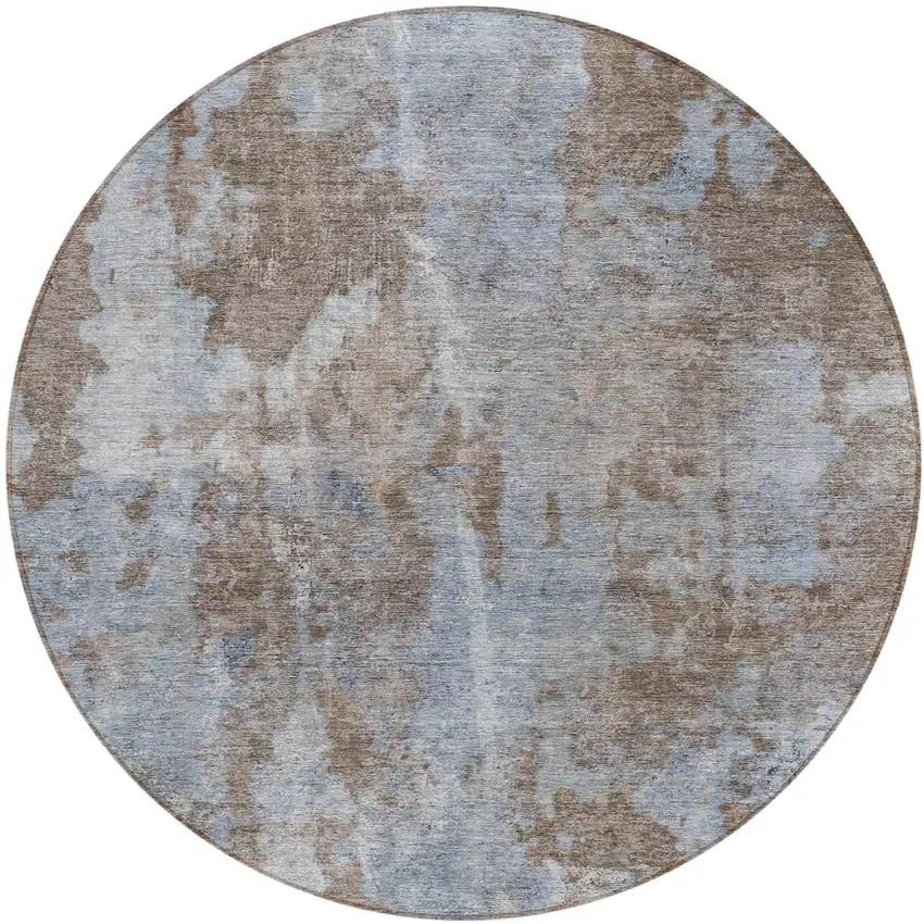 8' Round Mocha and Blue Round Abstract Washable Non Skid Indoor Outdoor Area Rug Photo 2