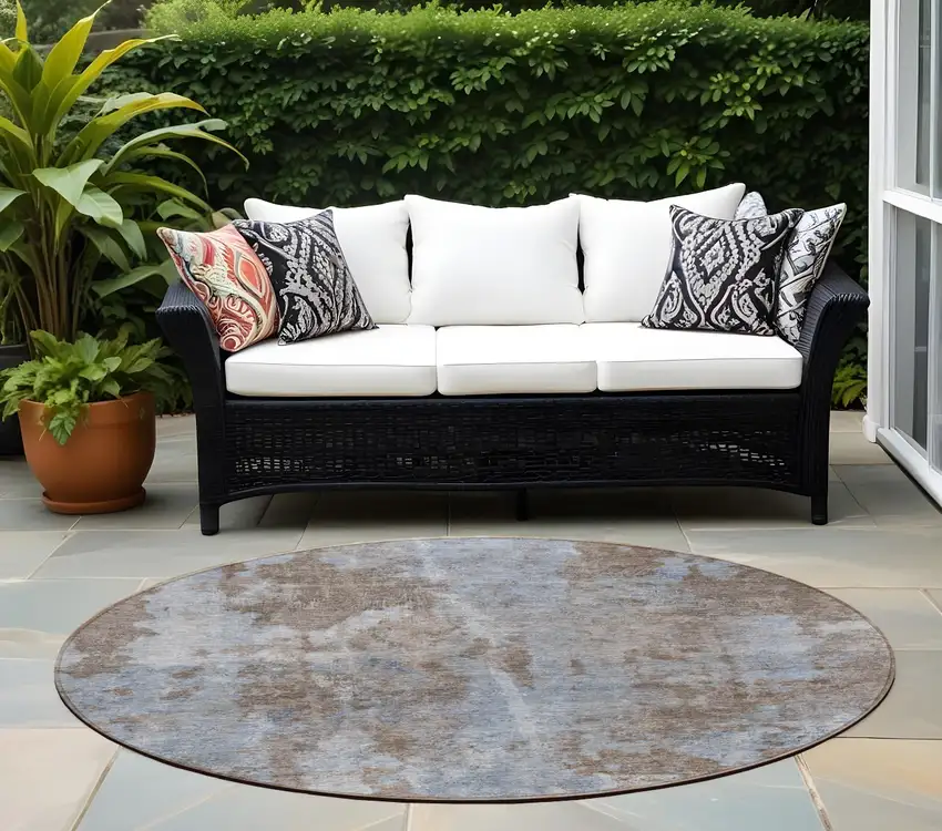 8' Round Mocha and Blue Round Abstract Washable Non Skid Indoor Outdoor Area Rug Photo 1