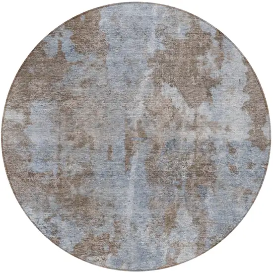 8' Round Mocha and Blue Round Abstract Washable Non Skid Indoor Outdoor Area Rug Photo 5