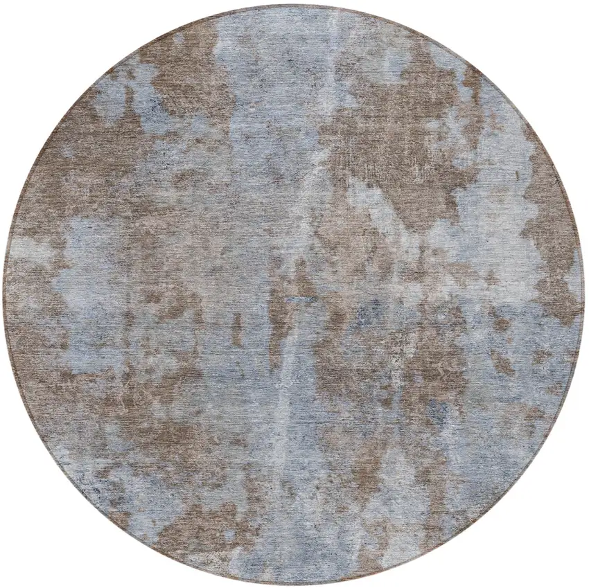 8' Round Mocha and Blue Round Abstract Washable Non Skid Indoor Outdoor Area Rug Photo 5