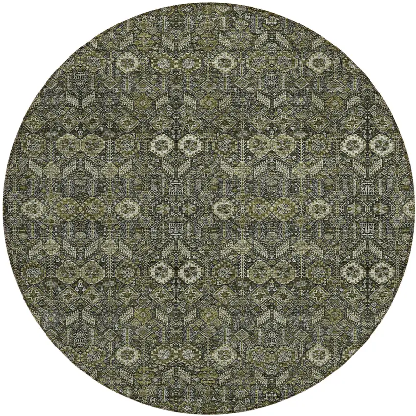 Moss Green and Gray Round Floral Washable Non Skid Indoor Outdoor Area Rug Photo 2