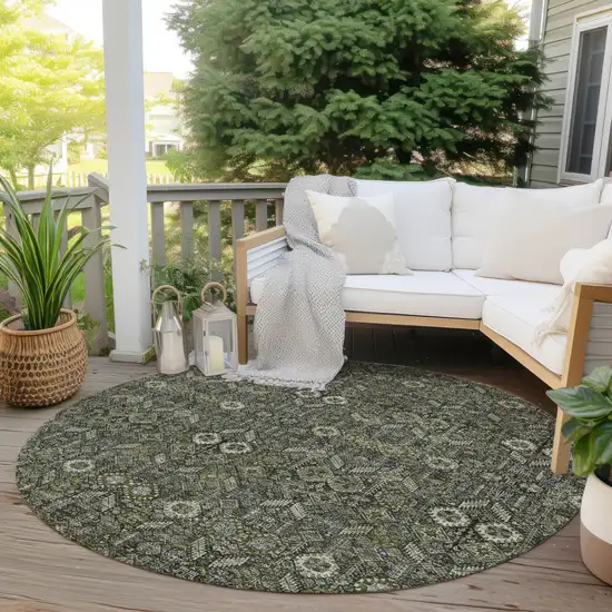 Moss Green and Gray Round Floral Washable Non Skid Indoor Outdoor Area Rug Photo 8