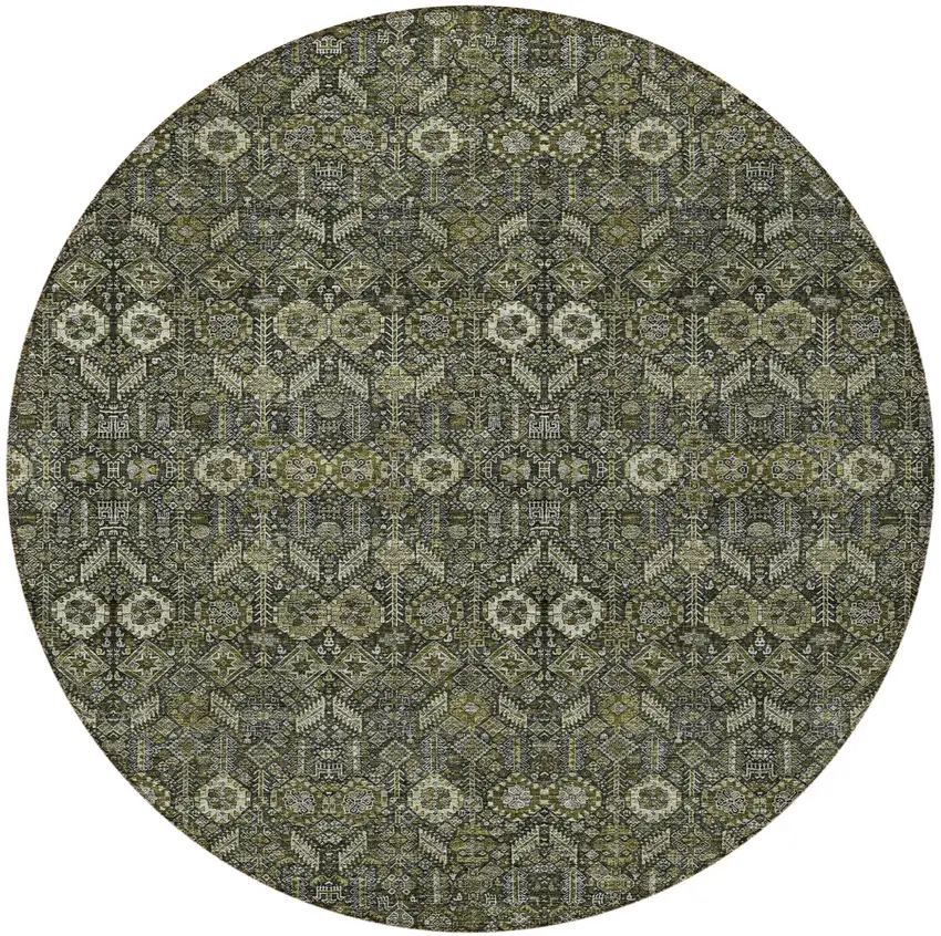 Moss Green and Gray Round Floral Washable Non Skid Indoor Outdoor Area Rug Photo 4