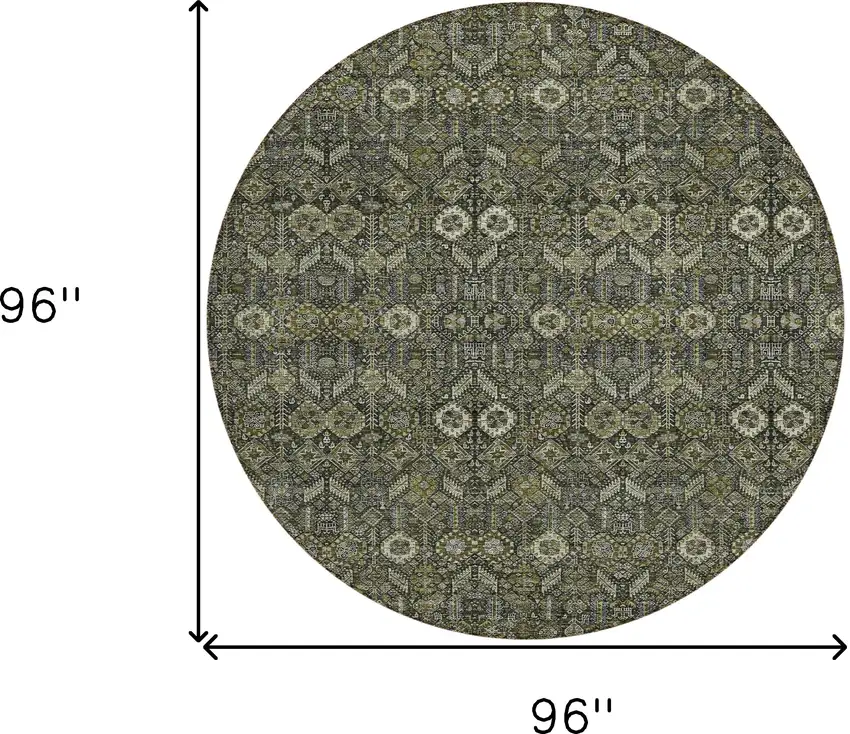 8' Round Moss Green and Gray Round Floral Washable Non Skid Indoor Outdoor Area Rug Photo 3