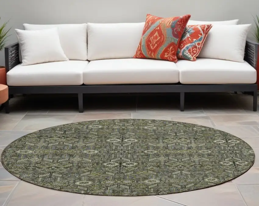 8' Round Moss Green and Gray Round Floral Washable Non Skid Indoor Outdoor Area Rug Photo 1
