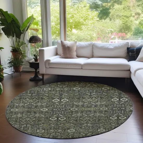 Moss Green and Gray Round Floral Washable Non Skid Indoor Outdoor Area Rug Photo 9