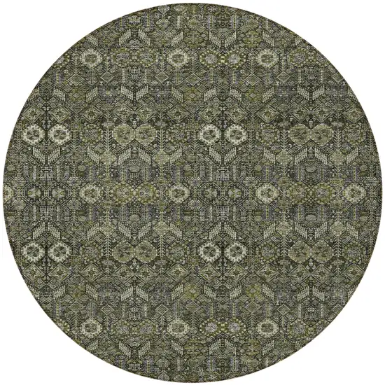 8' Round Moss Green and Gray Round Floral Washable Non Skid Indoor Outdoor Area Rug Photo 5