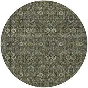 Photo of 8' Round Moss Green and Gray Round Floral Washable Non Skid Indoor Outdoor Area Rug