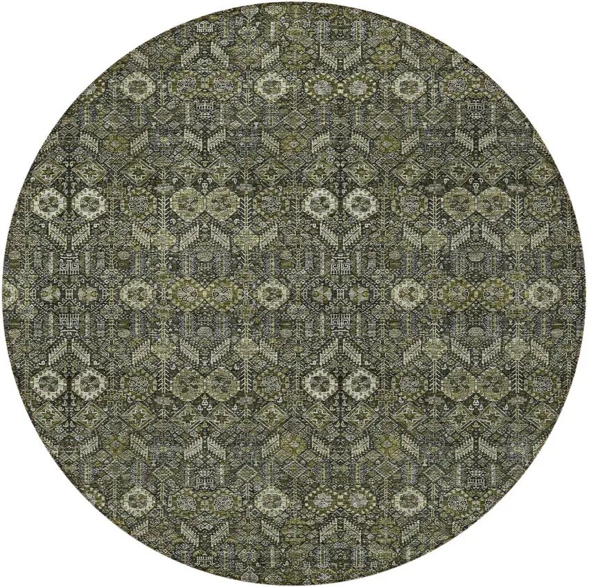 8' Round Moss Green and Gray Round Floral Washable Non Skid Indoor Outdoor Area Rug Photo 5