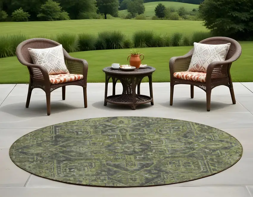 8' Round Moss Green and Gray Round Oriental Washable Non Skid Indoor Outdoor Area Rug Photo 1