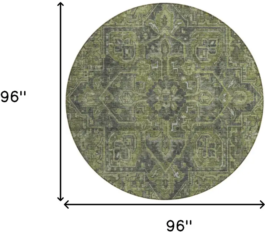 8' Round Moss Green and Gray Round Oriental Washable Non Skid Indoor Outdoor Area Rug Photo 3