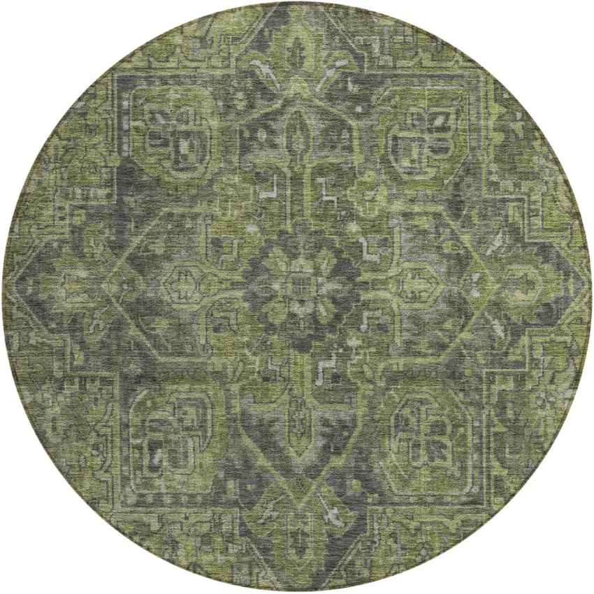 8' Round Moss Green and Gray Round Oriental Washable Non Skid Indoor Outdoor Area Rug Photo 2