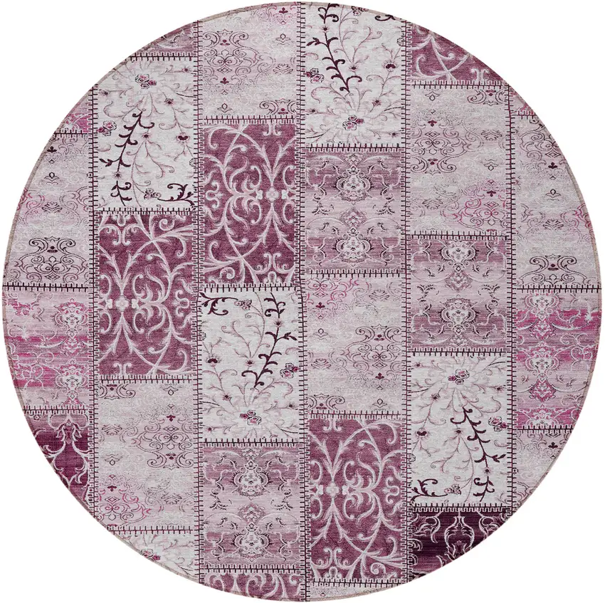 8' Round Mountbatten Pink Round Patchwork Washable Non Skid Indoor Outdoor Area Rug Photo 5