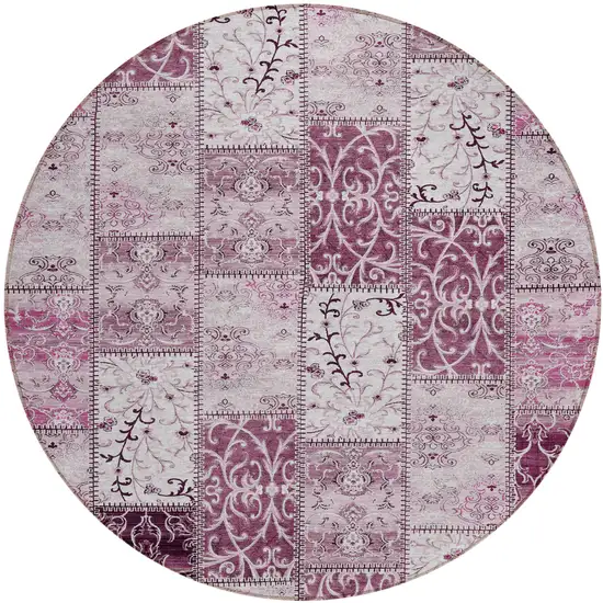 8' Round Mountbatten Pink Round Patchwork Washable Non Skid Indoor Outdoor Area Rug Photo 2
