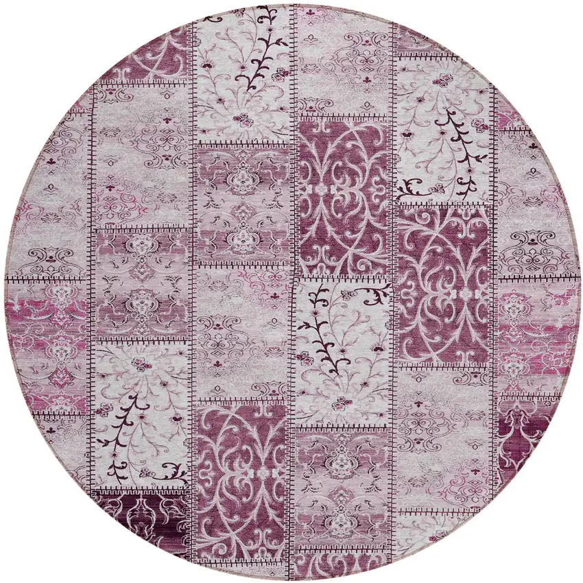 8' Round Mountbatten Pink Round Patchwork Washable Non Skid Indoor Outdoor Area Rug Photo 2
