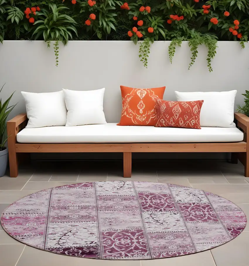 8' Round Mountbatten Pink Round Patchwork Washable Non Skid Indoor Outdoor Area Rug Photo 1