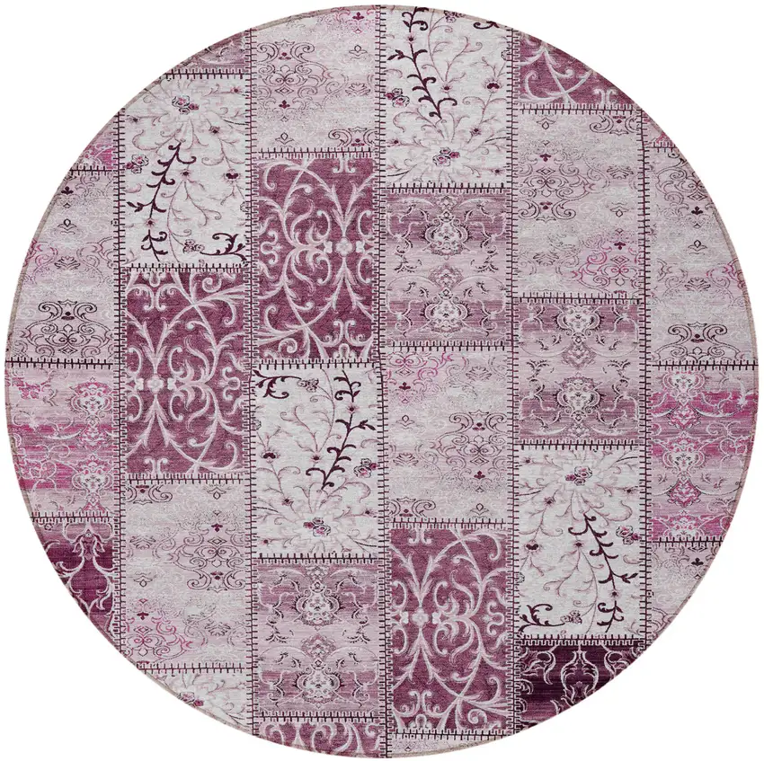 8' Round Mountbatten Pink Round Patchwork Washable Non Skid Indoor Outdoor Area Rug Photo 4