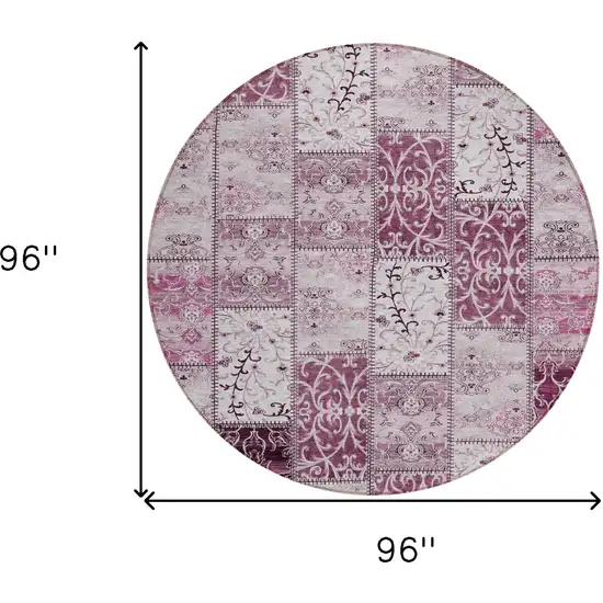 8' Round Mountbatten Pink Round Patchwork Washable Non Skid Indoor Outdoor Area Rug Photo 3