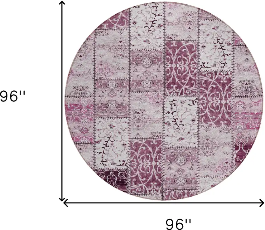8' Round Mountbatten Pink Round Patchwork Washable Non Skid Indoor Outdoor Area Rug Photo 3