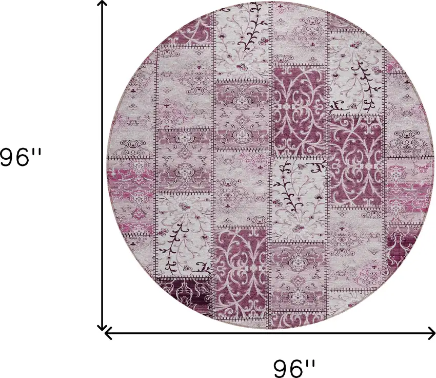 8' Round Mountbatten Pink Round Patchwork Washable Non Skid Indoor Outdoor Area Rug Photo 3