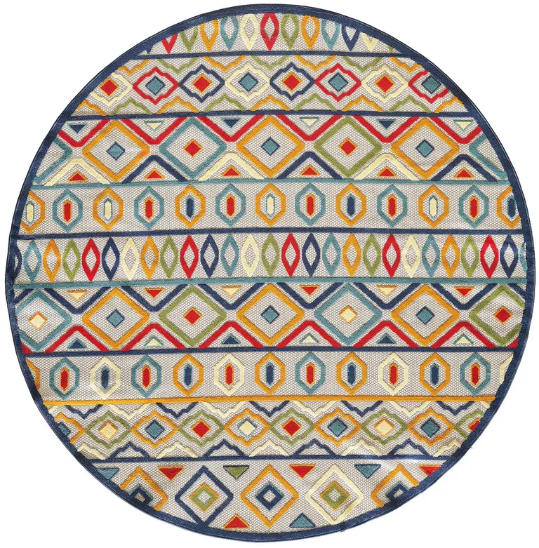 8' Round Multicolor Aztec Pattern Indoor Outdoor Area Rug Photo 4