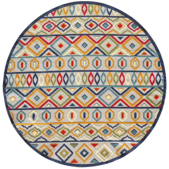 8' Round Multicolor Aztec Pattern Indoor Outdoor Area Rug Photo 4