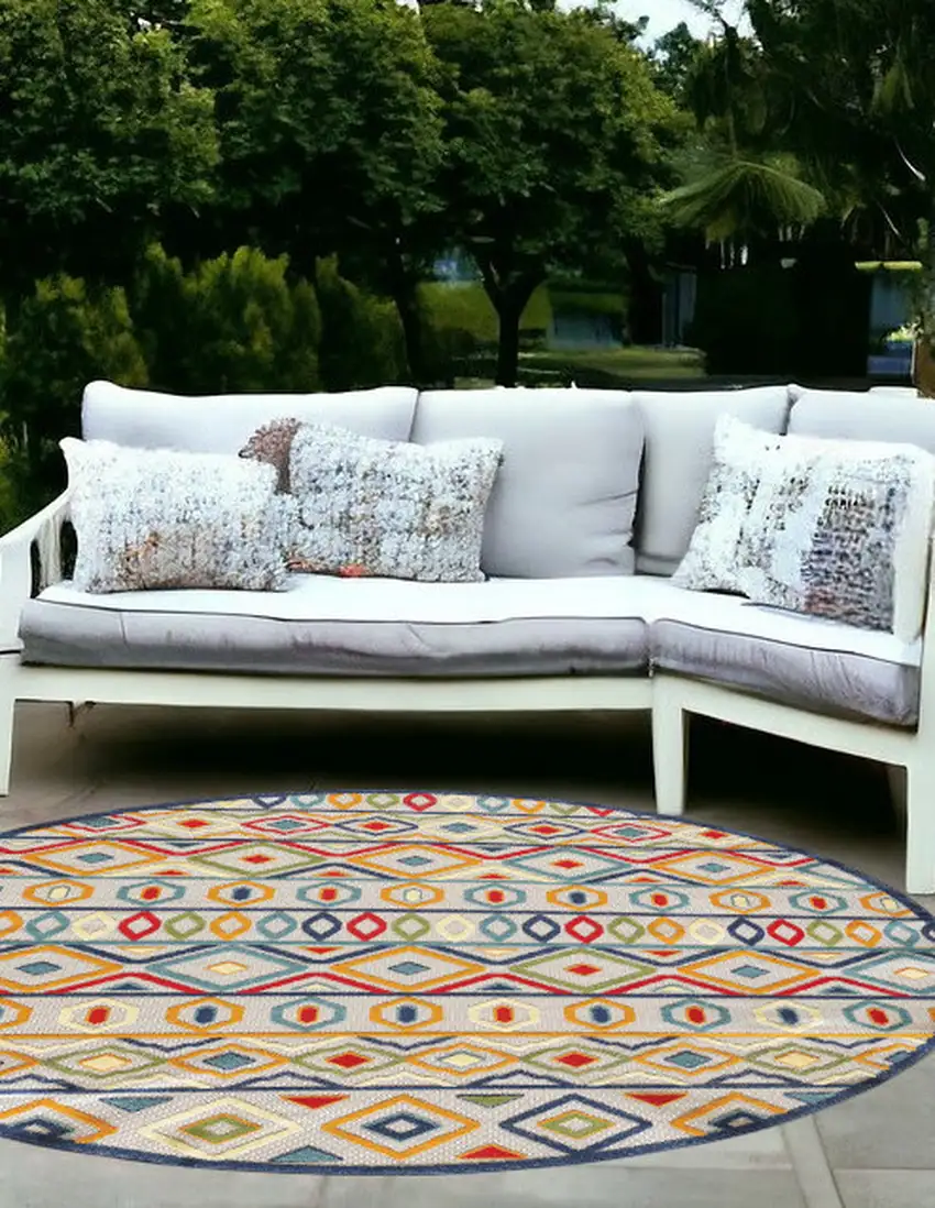 Ivory And Blue Round Southwestern Stain Resistant Indoor Outdoor Area Rug Photo 1