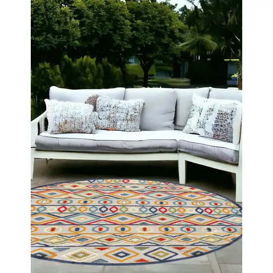 Ivory And Blue Round Southwestern Stain Resistant Indoor Outdoor Area Rug Photo 1