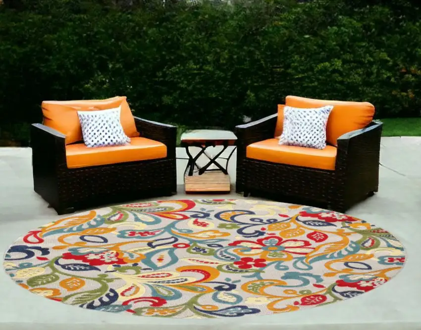 Ivory And Blue Round Floral Stain Resistant Indoor Outdoor Area Rug Photo 2