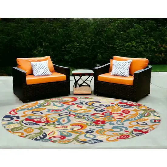 Ivory And Blue Round Floral Stain Resistant Indoor Outdoor Area Rug Photo 2