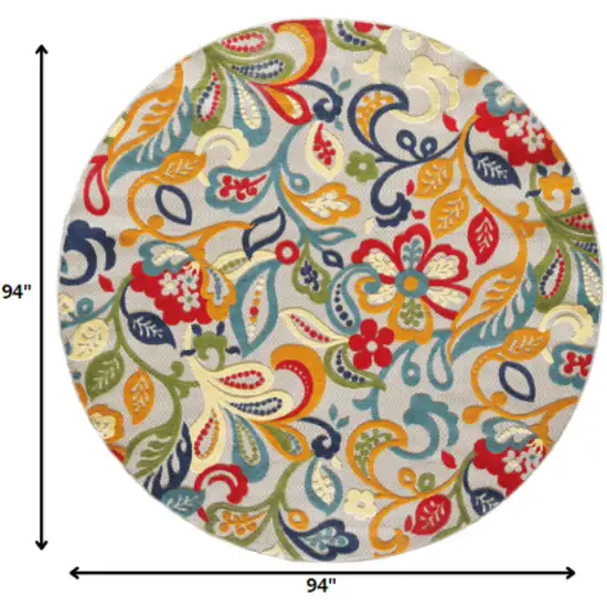 Ivory And Blue Round Floral Stain Resistant Indoor Outdoor Area Rug Photo 8