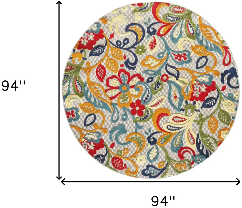 Ivory And Blue Round Floral Stain Resistant Indoor Outdoor Area Rug Photo 6